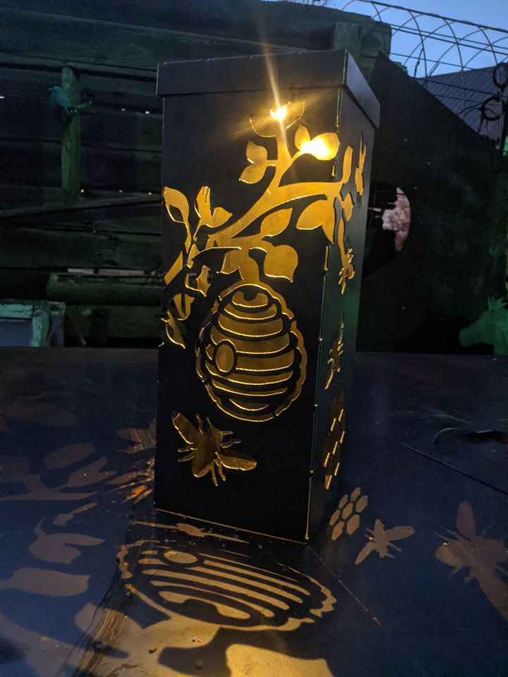 Bee Kind Lantern – Honeycomb Metal Art with Scripture (Proverbs 16:24)