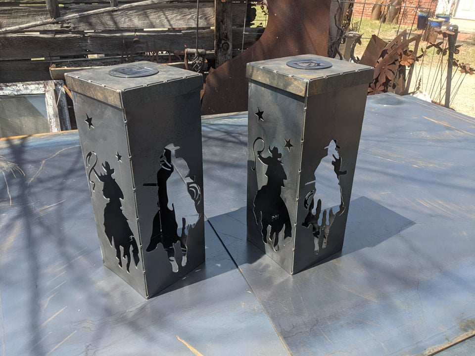 The Posse Lantern – Solar Metal Art with Cowboys on Horseback
