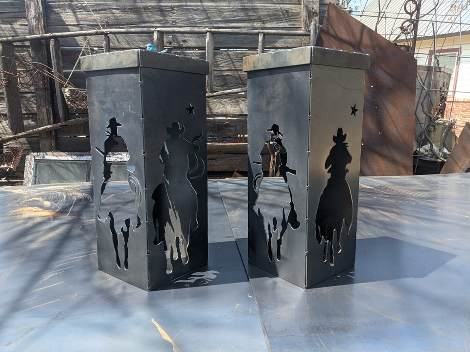 The Posse Lantern – Solar Metal Art with Cowboys on Horseback