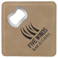 4" x 4" Square Laserable Leatherette Bottle Opener Coaster