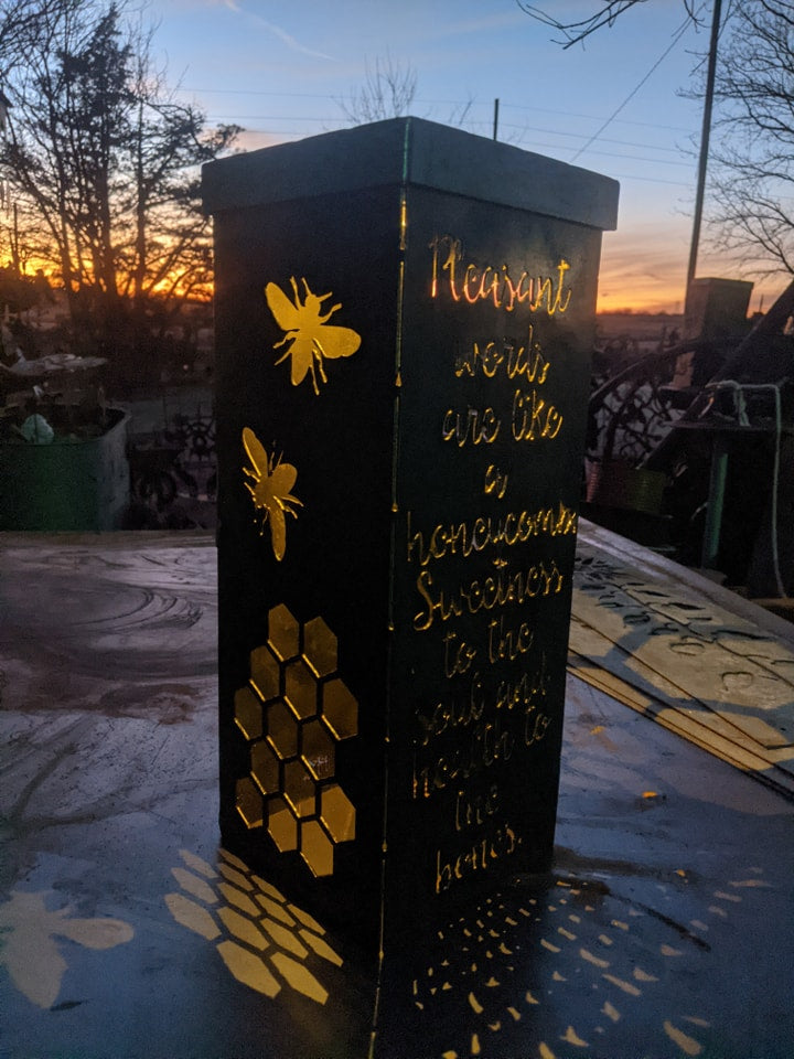 Bee Kind Lantern – Honeycomb Metal Art with Scripture (Proverbs 16:24)