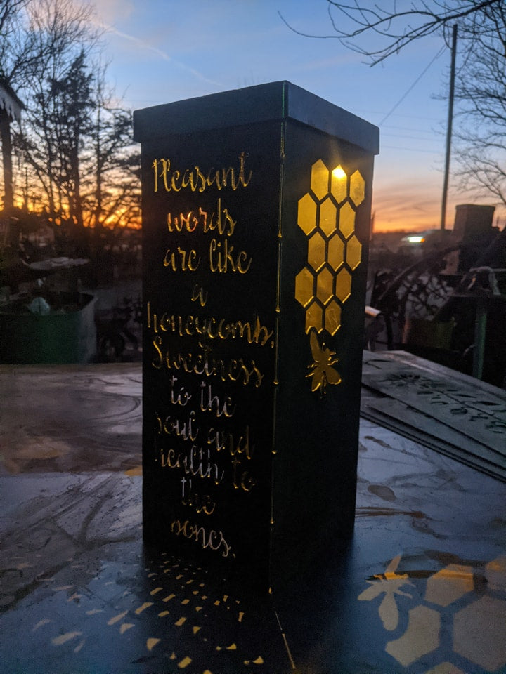 Bee Kind Lantern – Honeycomb Metal Art with Scripture (Proverbs 16:24)